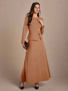 CLARA VERO Women, Autumnn, Long Sleeve, Two Set, Top, Skirt, Split, - Camel - View 5