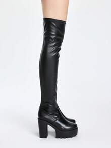 ROMWE Grunge Punk 2025新款秋冬女12cm粗跟过膝靴超高跟防水台弹力皮靴性感 - 黑色 - 查看 5