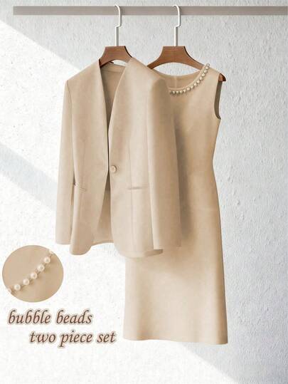 Franclia Elegant High-End Suit Jacket And Round Neck Beaded Sleeveless Dress 2 Pieces Set