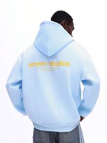 SUMWON 宽松版型男士印花连帽套头衫，休闲街头风长袖卫衣 - 藍色 - 查看 4