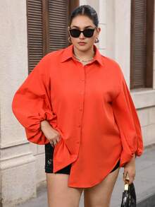 Enliva Chemise à manches longues pour femmes grandes tailles, col à revers, boutonnage simple, ourlet asymétrique, pour un usage quotidien et les déplacements - Orange - Voir 5