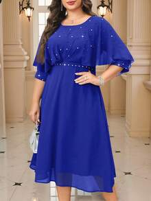 SHEIN Clasi Plus Size Women Solid Color Faux Pearl Decor Round Neck Short Sleeve Elegant Dress Fall - Royal Blue - View 3