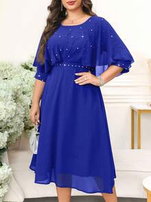 SHEIN Clasi Plus Size Women Solid Color Faux Pearl Decor Round Neck Short Sleeve Elegant Dress Fall - Royal Blue - View 5
