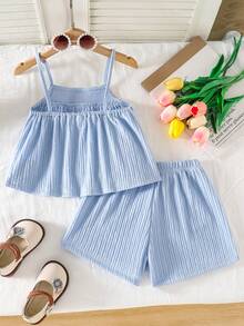 Genkimix Kids Girls Blue Spaghetti Strap Camisole And Shorts Set With Floral Embroidery For Vacation - Blue - View 3