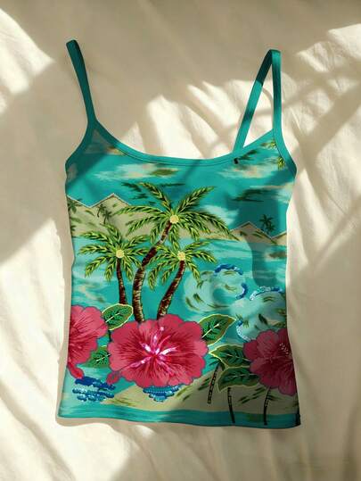 Glimmora Women's Digital Palm Tree Print Camisole Tank Top, Suitable For Summer Vacation