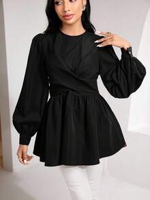Veilorie Women's Solid Color Round Neck Raglan Lantern Sleeve Ruffle Hem Elegant Blouse - Black - View 5