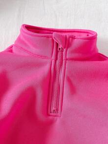 SHEIN Playful Pals 2pcs Young Girl Knitted Sweatshirt, Single-Sided Fleece Half-Zip Pullover Top, Casual Classic Versatile Light Gray 2-Piece Set - Pink - View 3