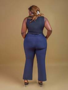 CurvyTilda Tildaharris Plus Size Women's Solid Color Toothpick Striped Design Office, Formal, Commute Long Pants, For Hourglass Body Shape, For Body Shape, For Summer - Navy Blue - View 5
