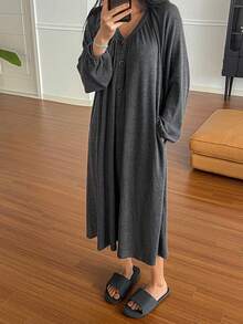 DAZY 秋冬季简约半开襟褶裥灯笼袖长款女士睡裙 - 深灰色 - 查看 4