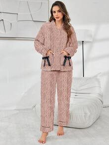 Women's Pocket Bow Decor Jacquard Fleece Top And Pants Fluffy Pajama Set, Fall Winter Clothes, Cozy