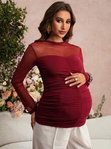 Loomaby 孕妇休闲拼接透视网纱褶皱修身T恤，适合日常通勤，春秋季穿着