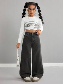 SHEIN Jeans holgados con bolsillos para niñas preadolescentes - Negro - Ver 6