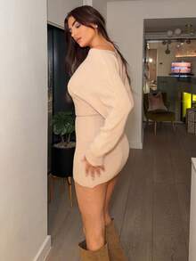 Ambs Edit Autumn/Winter New Solid Color Cinched Waist Bodycon Knit Dress - Apricot - View 2