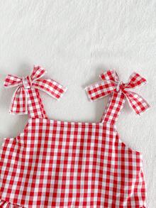 SHEIN Vintaside Kids 2件套女婴幼儿/新生儿0-3岁春夏休闲日常可爱度假条纹蝴蝶结装饰吊带背心+短裤套装 - 紅色 - 查看 7