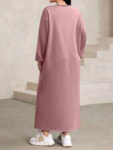 Modelyn Casual Drawstring Decor Loose Fit Crew Neck Long Sweatshirt For Women, Plus Size, Brown, Autumn/Winter - Pink - View 2