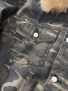 ROMWE MEN Men's Fur Collar Camouflage Pattern Long Sleeve Single-Breasted Casual Denim Jacket - Multicolor - View 6