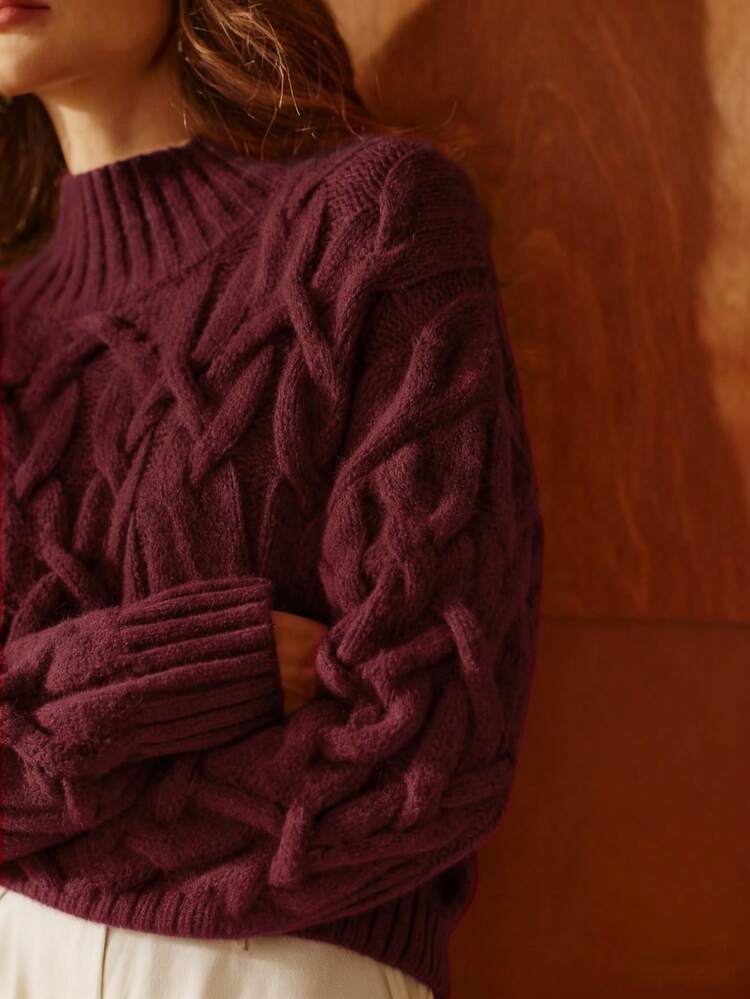 Women's Elegant Loose Slouchy Textured Burgundy Knit Sweater, Suitable For Christmas Party And Thanksgiving