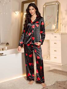 LuxeNights Heart Print Faux Silk Lapel Collar Long Sleeve Pajama Set - Black - View 6
