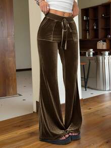 SHEIN EZwear Women's Brown Velvet Casual Pants, Simple & Fashionable For Everyday Wear - Brown - View 3