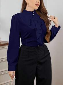 Firerie 大码纯色简约长袖优雅通勤不对称衬衫 女士商务衬衫 荷叶边衬衫 宝蓝色衬衫 藏蓝色荷叶边衬衫 办公室衬衫 女士衬衫 商务办公室衬衫 - 藏蓝色 - 查看 7