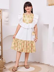 Tween Girl Elegant Crew Neck Pattern Ruffle Hem Sleeveless Dress - White - View 4