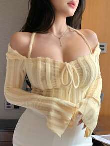 DAZY Women's Textured Striped Tie-Front Long Sleeve T-Shirt With Flared Cuffs, Dark Base, Autumn/Winter Y2k - Light Yellow - View 8