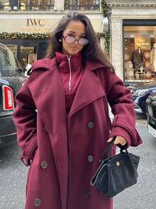 NegzBox Women Burgundy Color Long Sleeve Simple Front Button Longline Jacket, Casual Everyday Wear Vintage Burgundy Long Woolen Coat, Warm And Thickened In Winter Hollowed Costumes Thanksgiving Women Outfit Halloween Women Costumes Winter Long Women Coats Christmas Women Clothes Trench Women Coat Fall Women Outfits  In Fall/Winter - Burgundy - View 4