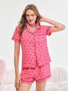 Bonmuse Bộ đồ ngủ mùa hè in hình trái tim nhỏ 2 món cho nữ, áo sơ mi cài nút tay ngắn và quần short, đồ mặc nhà thường ngày cho mùa hè., Bộ đồ hai món - Màu Hồng  San hô - Xem 3
