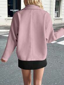 Chiquease 优雅别致的宽松单肩翻领双排扣尼龙夹克，秋冬 - 西瓜粉 - 查看 2