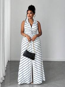 大码女式休闲条纹针织扭结设计连衣裙 - 彩色 - 查看 4