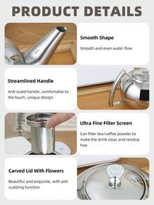 1pc Stainless Steel Tea Kettle With Filter - Induction Cooker Compatible - Silvery/Golden Finish - Perfect For Coffee And Tea Lovers - Hotel Quality - Drinkware And Tea Accessories - Multicolor - View 9