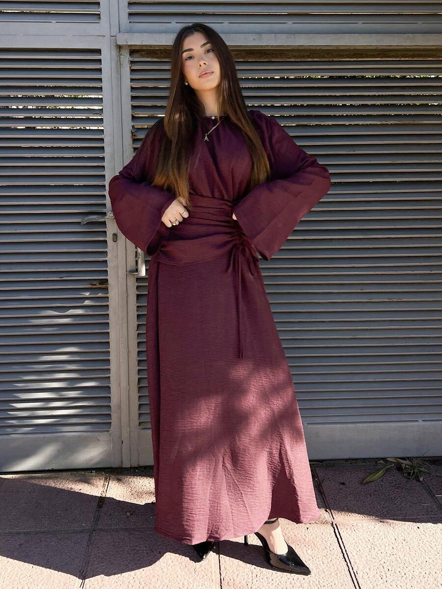 Hitanina 女式纯色船领喇叭袖褶饰连衣裙 - 酒紅色 - 查看 1