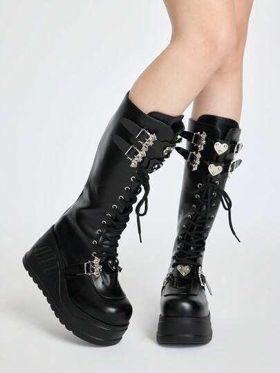 ROMWE Grunge Punk 2025 Botas Casuais Pretas Femininas, Decoração de Fivela de Morcego Punk, Salto Anabela Alto, Moda Sexy, Botas de Inverno Quentes