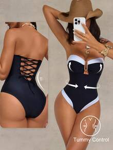Shapewave 女士黑白抽绳系带露背收腹提臀连体泳衣，优雅休闲度假款 - 黑與白 - 查看 3