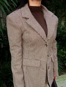 Durrani Popal Retro Chic Commuting Brown Plaid Suit Set - Cinched Waist Blazer Jacket + Low Waist Skirt 2 Pieces Set (Including Shoulder Pads) In Fall/Winter - Multicolor - View 3