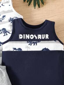 SHEIN Playful Pals 3pcs Baby Dinosaur Pattern Round Neck Casual Vest Set, Summer - Navy Blue - View 6