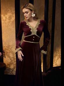 MOTF PREMIUM GAUN LENGAN PANJANG DENGAN DEKORASI APLIKASI ELEGAN - Burgundy - View 7