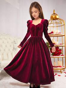 SHEIN Tween Girl Burgundy Casual Everyday Velvet Bow Decor Sweetheart Collar Puff Sleeve Cinched Waist Dress, Girls Red Long Dress,  Birthday Party, French Princess Style, Mother And Daughter Matching Clothes, Long-Sleeved Dress, Winter Dress Velvet Dress For Girls Dresses For 11 Years Old Red Tween Long Burgundy Dresses Teen Girls Elegant Long Sleeve Dresses