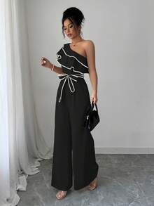 Elenzga Women's Apricot Asymmetric Shoulder Ruffle Cinched Waist Straight Jumpsuit - Black - View 5