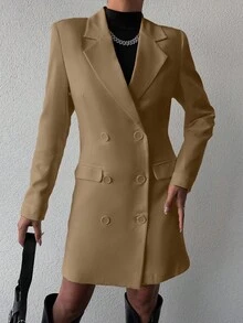 EURMUSE 女士简约通勤工作服纯色翻领翻盖细节双排扣西装外套和铅笔裙套装 - 駝色 - 查看 5