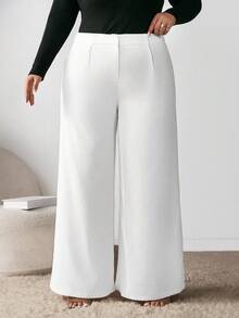 Enliva Ry2ky Plus Size Solid Color Wide Leg Pants, For Apple Rounded Body Shape, For Body Shape, For Summer - White - View 3