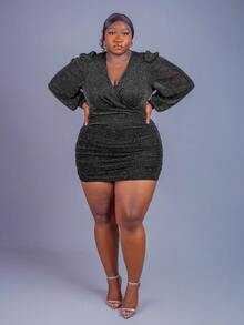 CurvyTilda Plus Size Sexy Glitter Bodycon Mini Dress For Party - Black - View 3