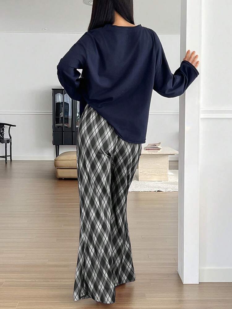 2pcs Women's Asymmetrical Hem Top & Diamond Plaid Flared Pajama Pants Homewear Set
