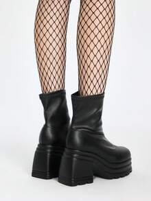 ROMWE Grunge Punk 2025 年秋冬女式休闲一脚蹬高跟厚底时尚靴，搭配秋季服装、连帽衫、弹力 PU 皮革中筒黑色靴子 - 黑色 - 查看 6