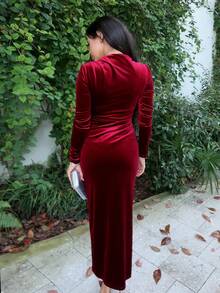 Durrani Popal Vestido largo de mujer en color burdeos con volantes asimétricos y abertura en el bajo, elegante - Burdeos - Ver 2