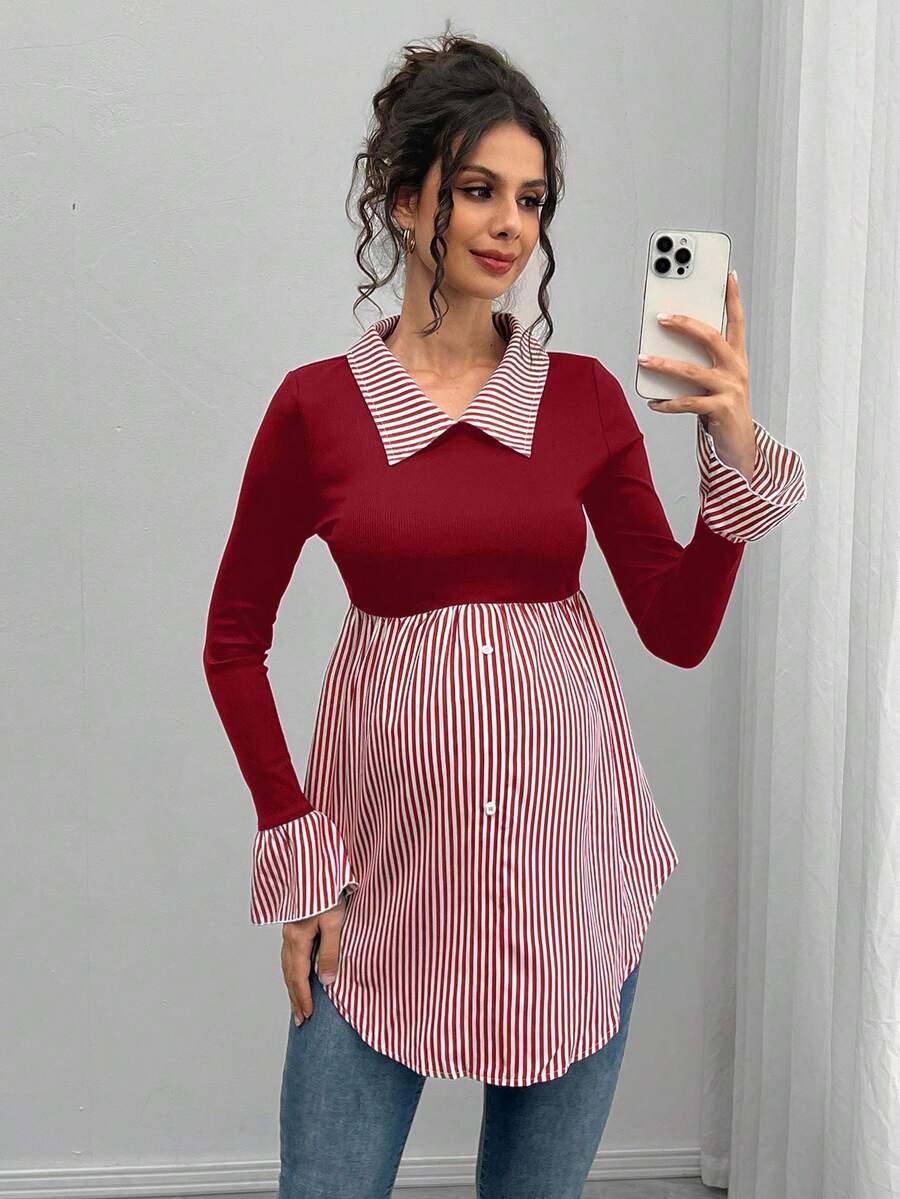 Momance Blusa de maternidad estilo casual de vacaciones con estampado de rayas y parches, manga con volantes, para primavera/otoño - Burdeos - Ver 1