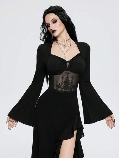 Breakform Women's Gothic Vintage Sexy Mesh Embroidered Castle Pattern Patchwork Solid Color Knit Fabric Square Neck Elastic Ruffle Trim Front Ruched Metallic Cross Flare Sleeve Cropped T-Shirt