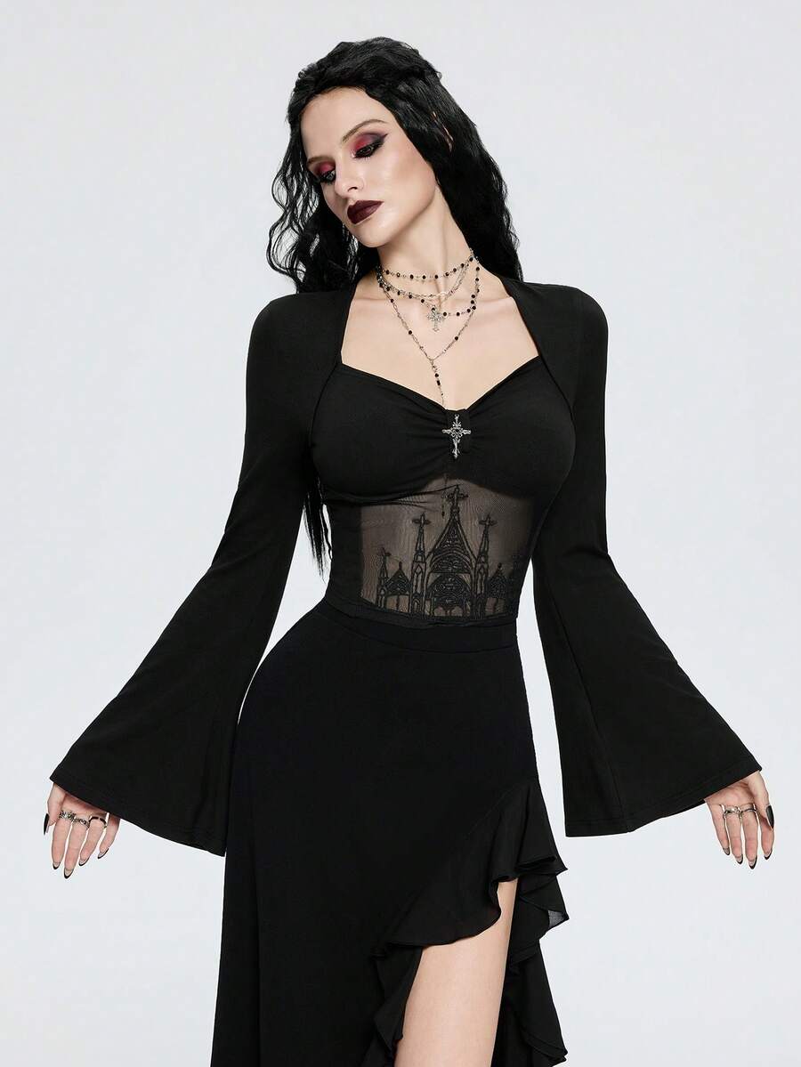 Breakform 女士哥特复古性感网纱刺绣城堡图案拼接纯色针织面料方领弹力荷叶边前片褶皱金属交叉喇叭袖短款T恤 - 黑色 - 查看 1