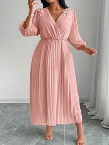 Elenzga 大码女式优雅雪纺褶皱收腰 A 字形碎花连衣裙 - 粉色 - 查看 3