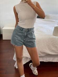 Livesso Quần short denim siêu ngắn rách gấu dành cho nữ, thời trang cho mùa hè. - Màu xanh lam - Xem 4